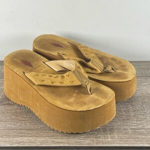 Y2K Volatile Leather Platform Flip Flops Wedge Thong Sandals - Size 7